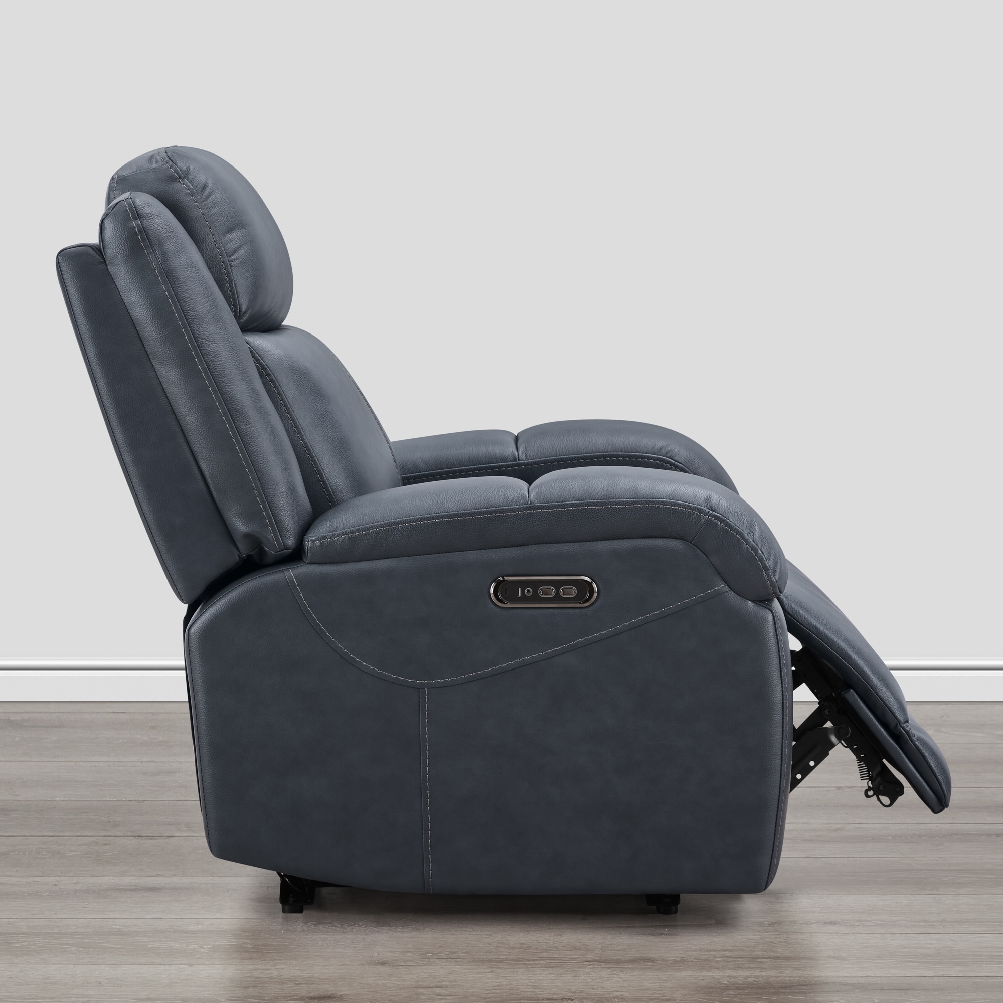Circle 55 Navy Leather Upholstered Powered Reclining Recliner