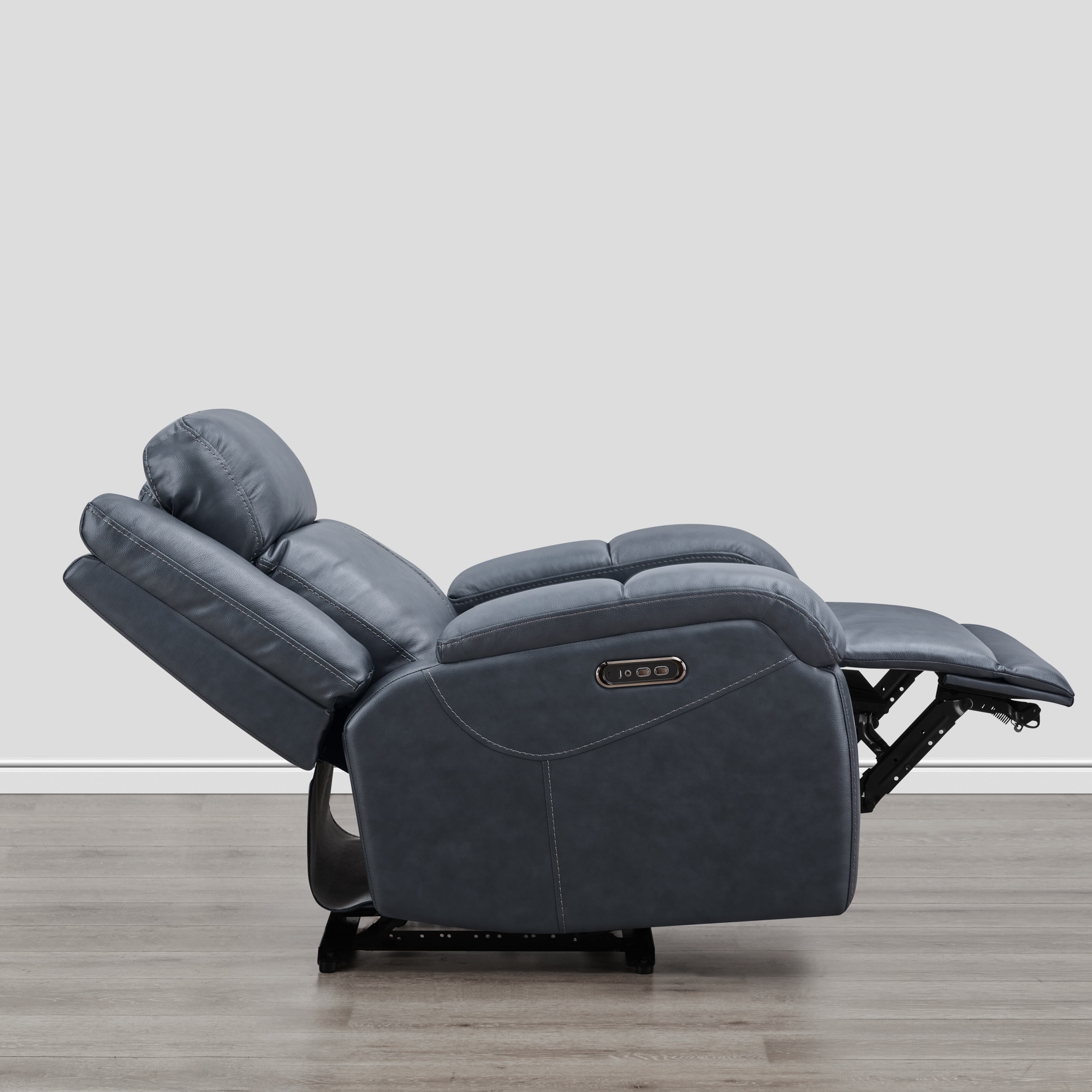 Circle 55 Navy Leather Upholstered Powered Reclining Recliner