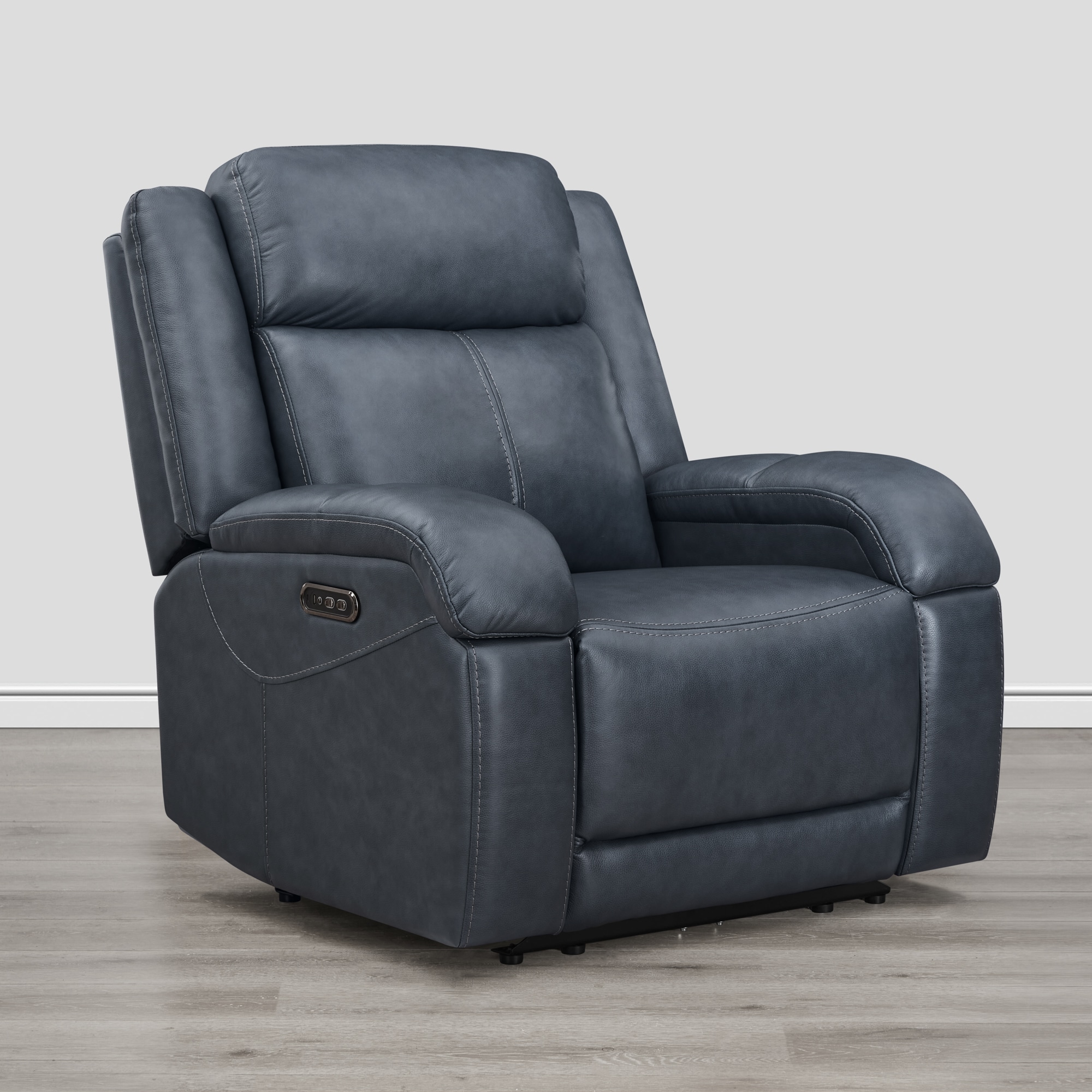 Circle 55 Navy Leather Upholstered Powered Reclining Recliner