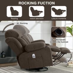 GZMR Heat Massage Recliner Chair with USB Dark Brown Velvet Upholstered Swivel Powered Reclining Recliner