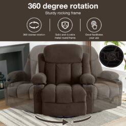 GZMR Heat Massage Recliner Chair with USB Dark Brown Velvet Upholstered Swivel Powered Reclining Recliner