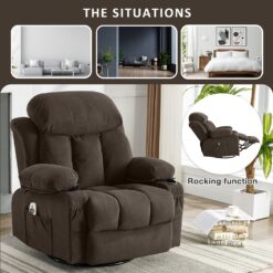 GZMR Heat Massage Recliner Chair with USB Dark Brown Velvet Upholstered Swivel Powered Reclining Recliner