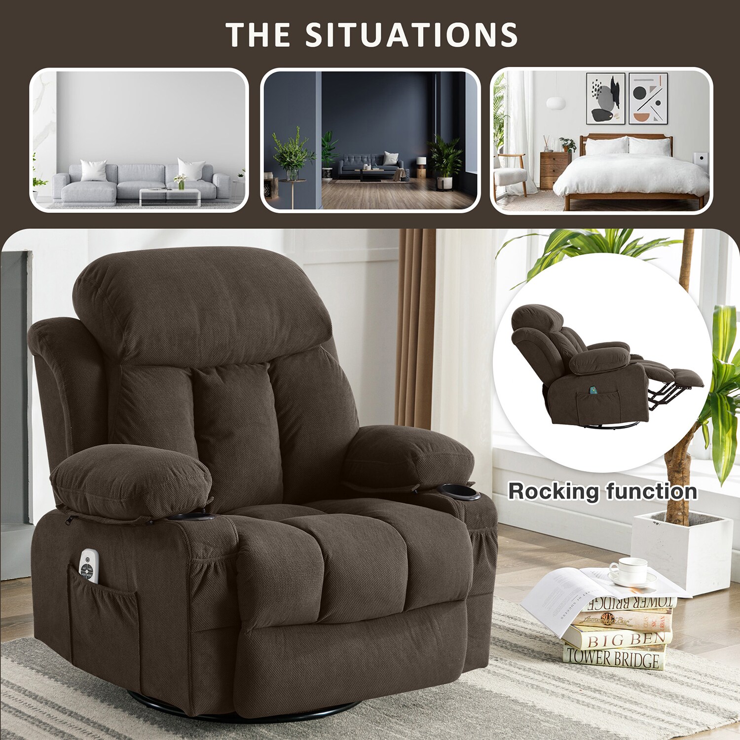 GZMR Heat Massage Recliner Chair with USB Dark Brown Velvet Upholstered Swivel Powered Reclining Recliner