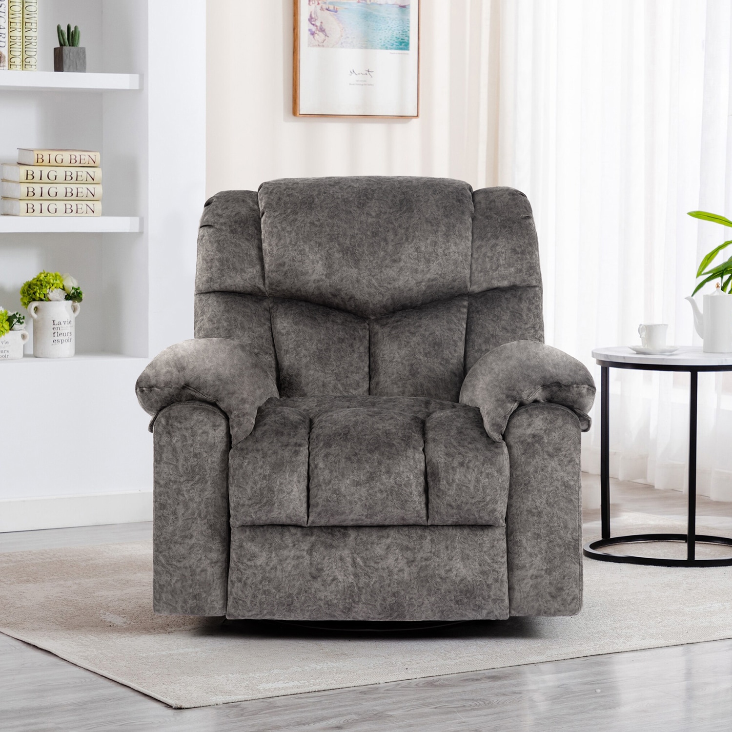 GZMR Massage Heating Swivel Rocking Recliner Chair Light Gray Velvet Upholstered Swivel Powered Reclining Massage chair