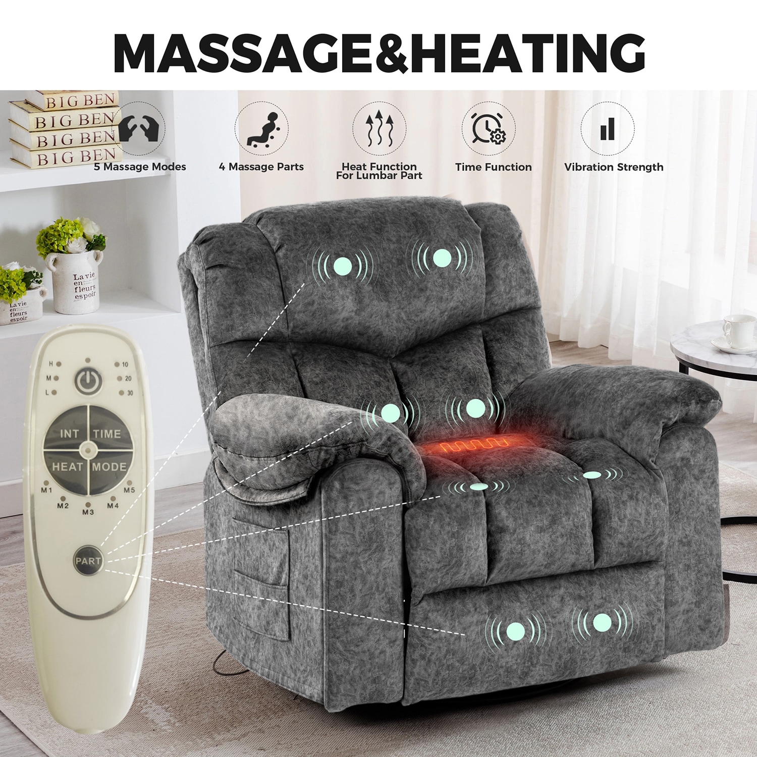 GZMR Massage Heating Swivel Rocking Recliner Chair Light Gray Velvet Upholstered Swivel Powered Reclining Massage chair