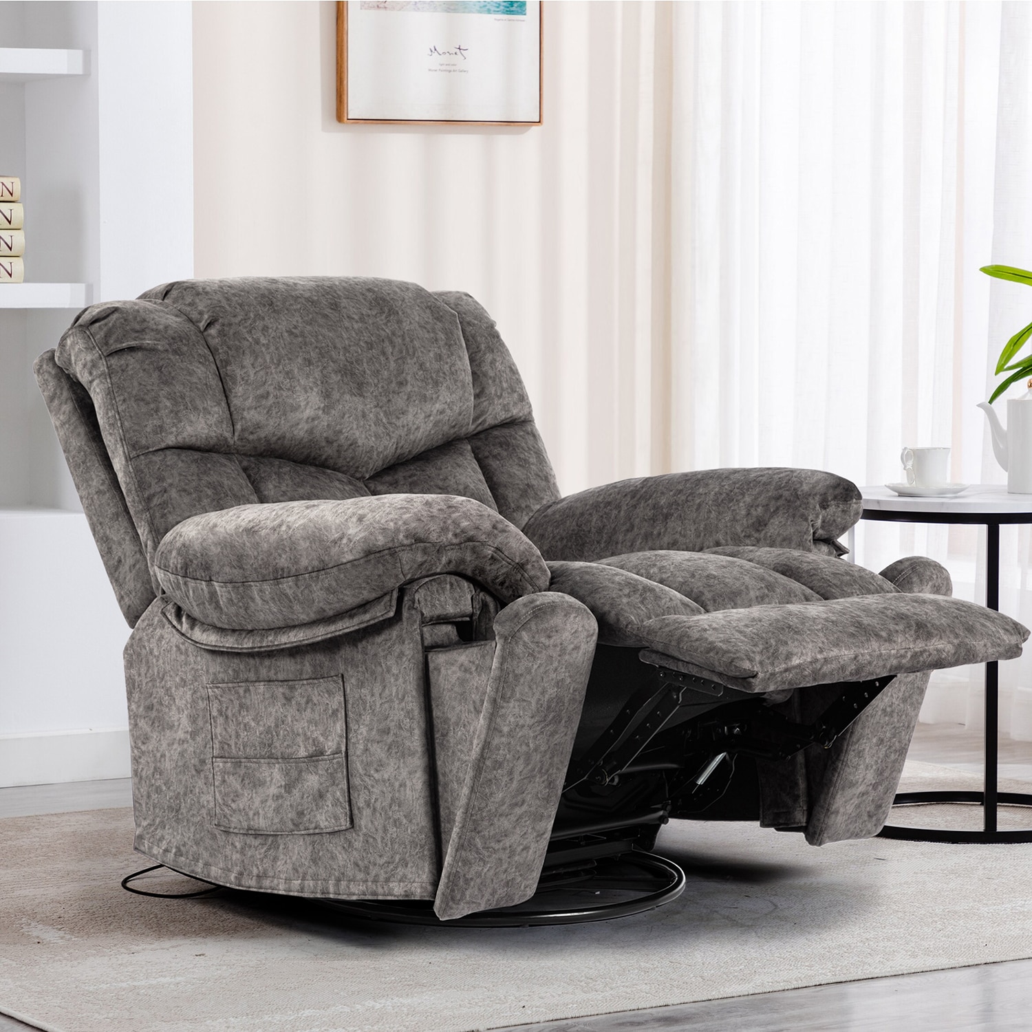 GZMR Massage Heating Swivel Rocking Recliner Chair Light Gray Velvet Upholstered Swivel Powered Reclining Massage chair