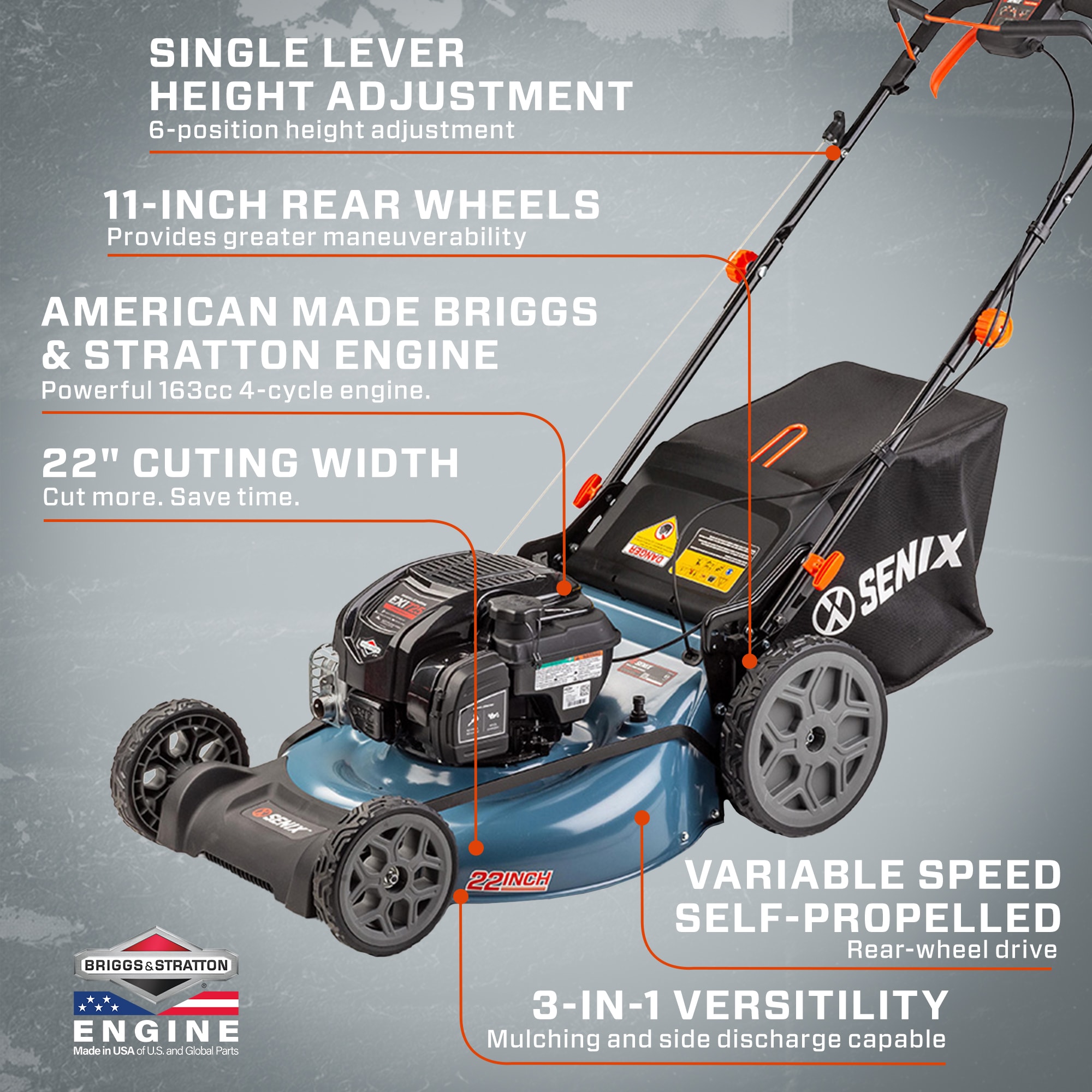 SENIX 22-in Gas Self-propelled lawn mower with 163-cc Briggs and Stratton Engine