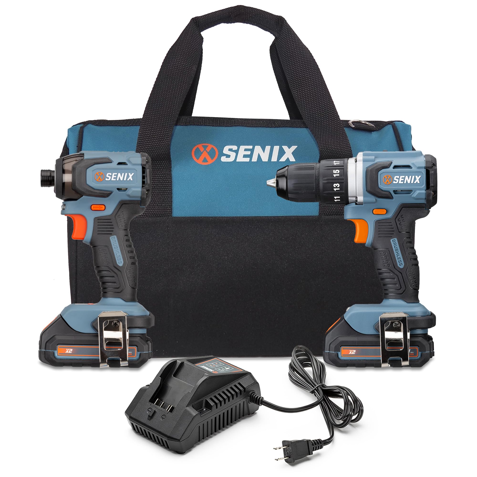 SENIX X2 20V Max Cordless Power Tool Kit with Drill Driver and Impact Driver - Complete Set with Batteries and Charger