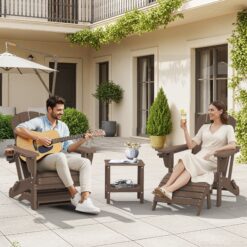 SERWALL 5PC Adjustable Folding Adirondack Chair and Ottoman and Double Side Table, HDPE Adirondack Chairs Set for Outdoor, Brown