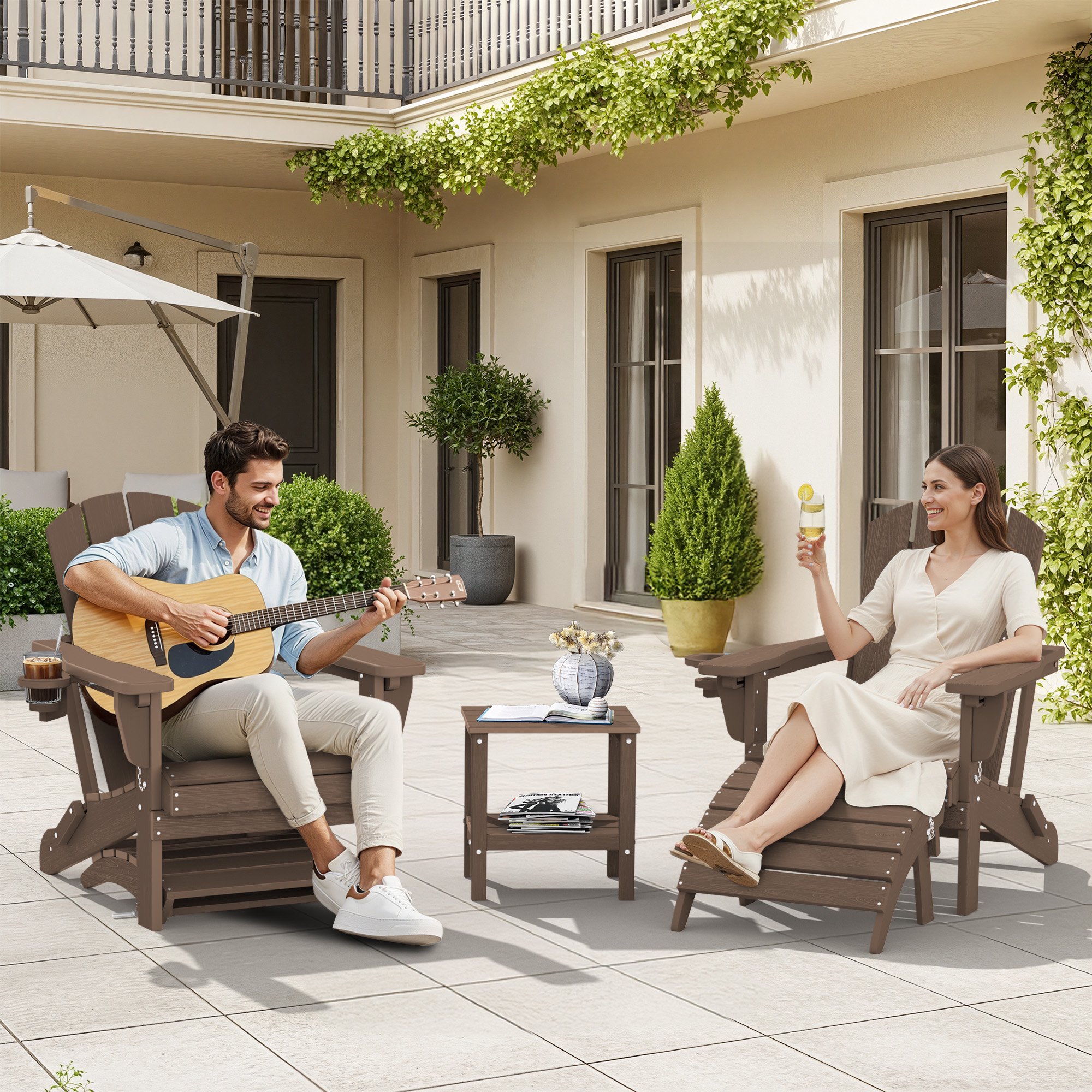 SERWALL 5PC Adjustable Folding Adirondack Chair and Ottoman and Double Side Table, HDPE Adirondack Chairs Set for Outdoor, Brown