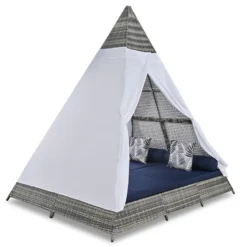 Harper & Bright Designs Outdoor Sunbed with Canopy, Tent Shape Wicker Patio Daybed, Gray and Blue