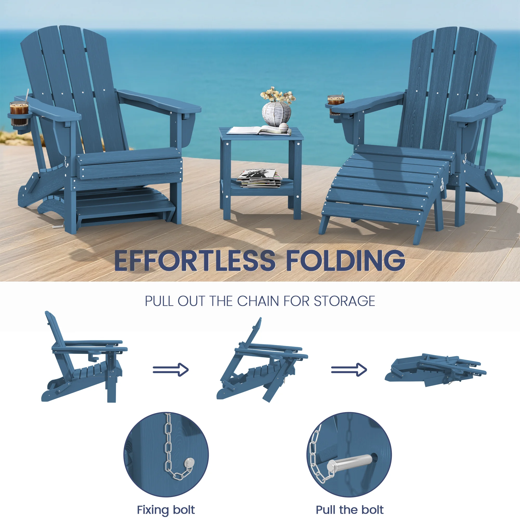 SERWALL 5PC Adjustable Folding Adirondack Chair and Ottoman and Double Side Table, HDPE Adirondack Chairs Set for Outdoor, Blue