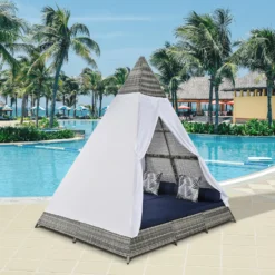 Harper & Bright Designs Outdoor Sunbed with Canopy, Tent Shape Wicker Patio Daybed, Gray and Blue