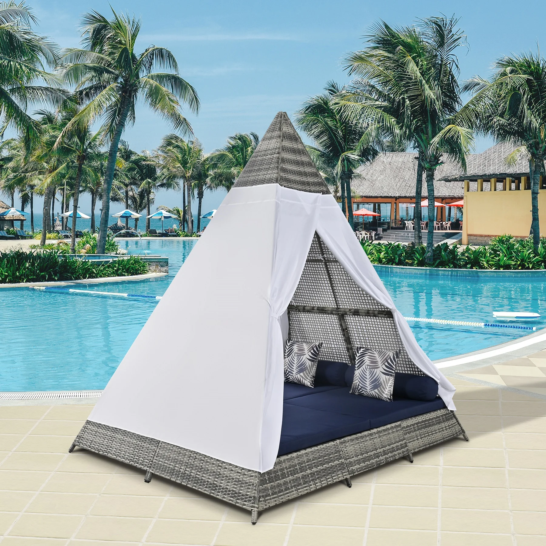 Harper & Bright Designs Outdoor Sunbed with Canopy, Tent Shape Wicker Patio Daybed, Gray and Blue