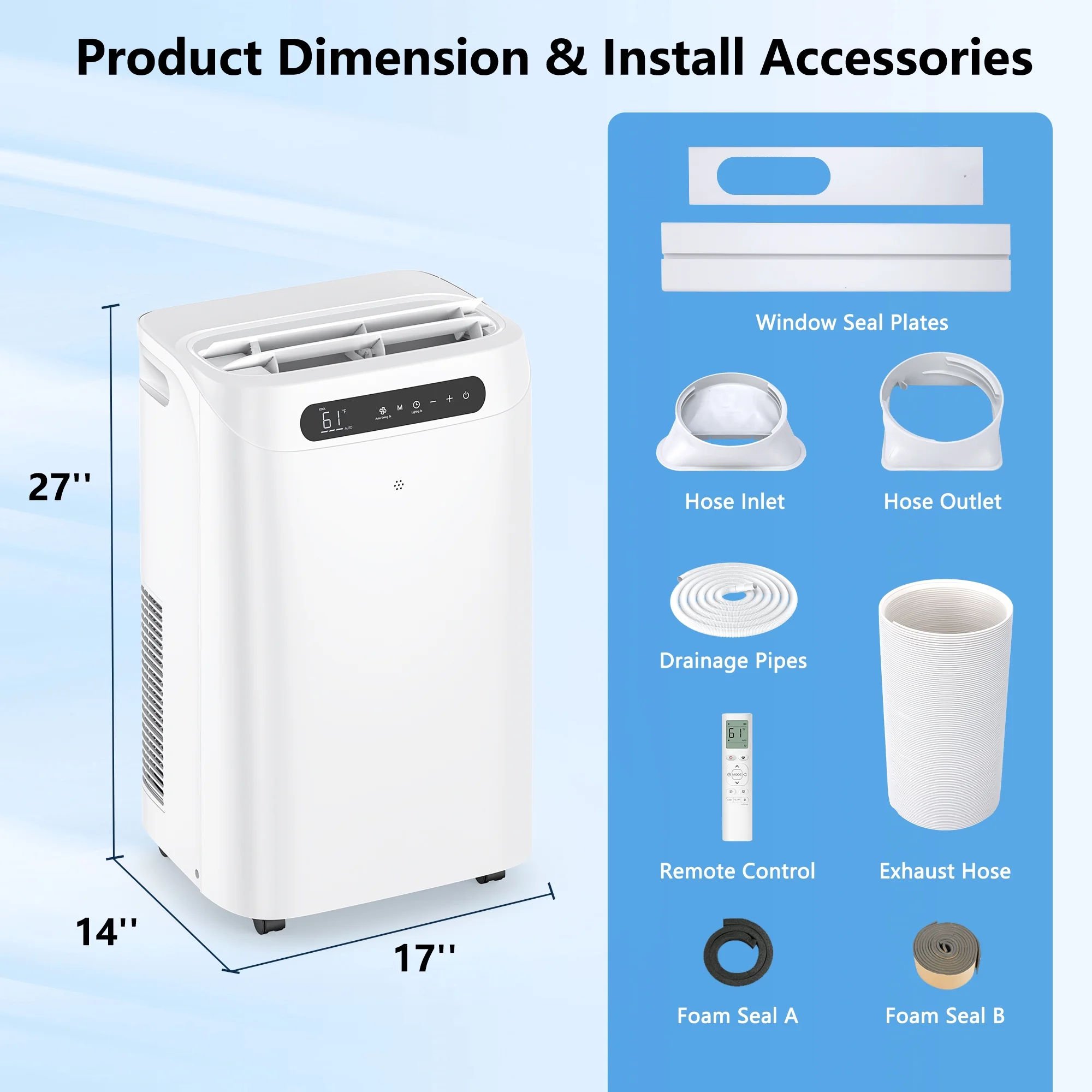 Fosawd 14000 BTU Portable Air Conditioner Cools up to 700 Sq. ft, 3-in-1 AC, Dehumidifier, Fan