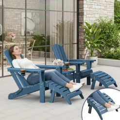 SERWALL 5PC Adjustable Folding Adirondack Chair and Ottoman and Double Side Table, HDPE Adirondack Chairs Set for Outdoor, Blue