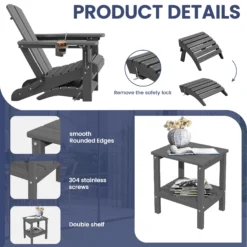 SERWALL 5PC Adjustable Folding Adirondack Chair and Ottoman and Double Side Table, HDPE Adirondack Chairs Set for Outdoor, Gray