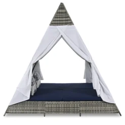 Harper & Bright Designs Outdoor Sunbed with Canopy, Tent Shape Wicker Patio Daybed, Gray and Blue