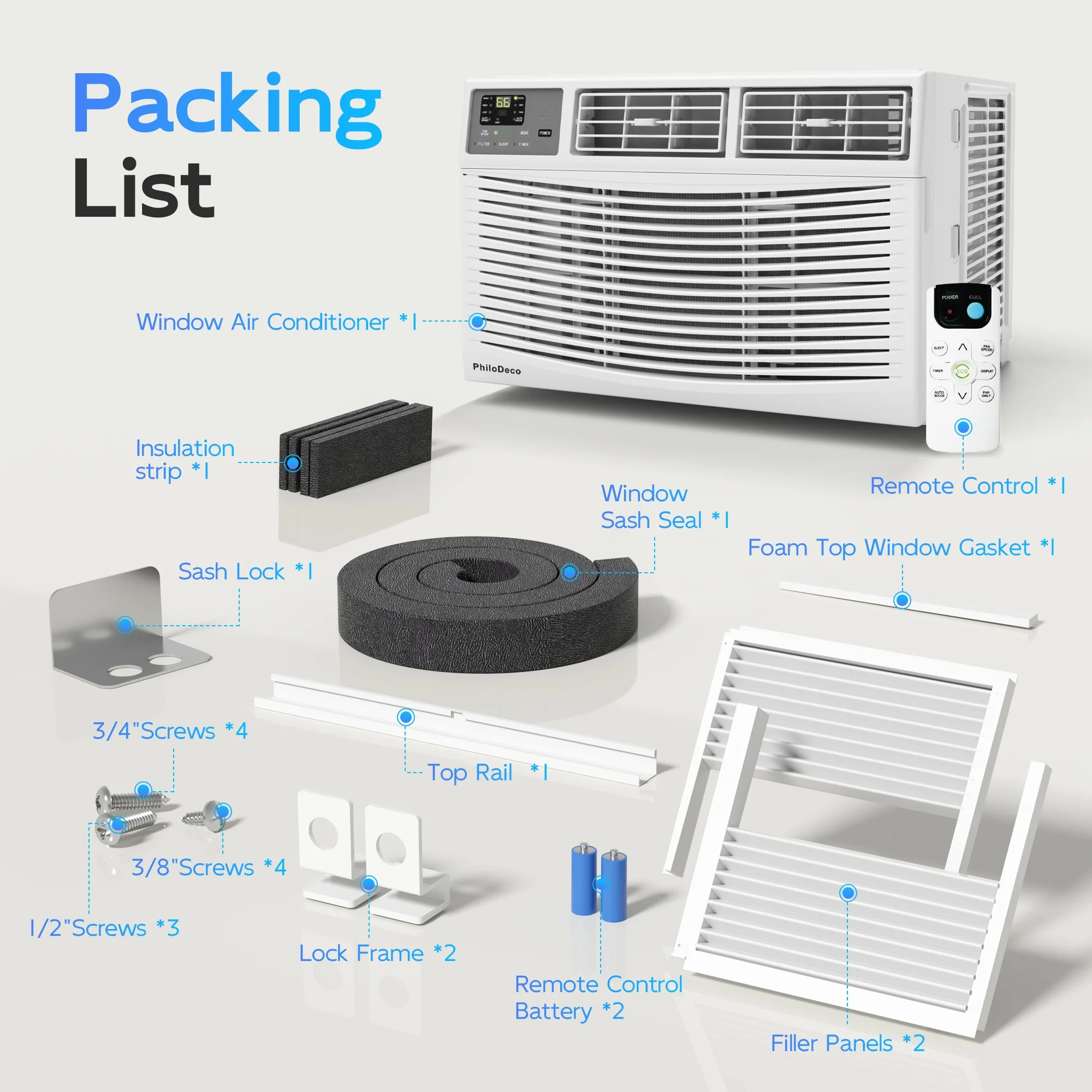 PhiloDeco 8000 BTU Window Air Conditioner 350 Sq. ft. Intelligent, LED Display Screen, with Remote Control