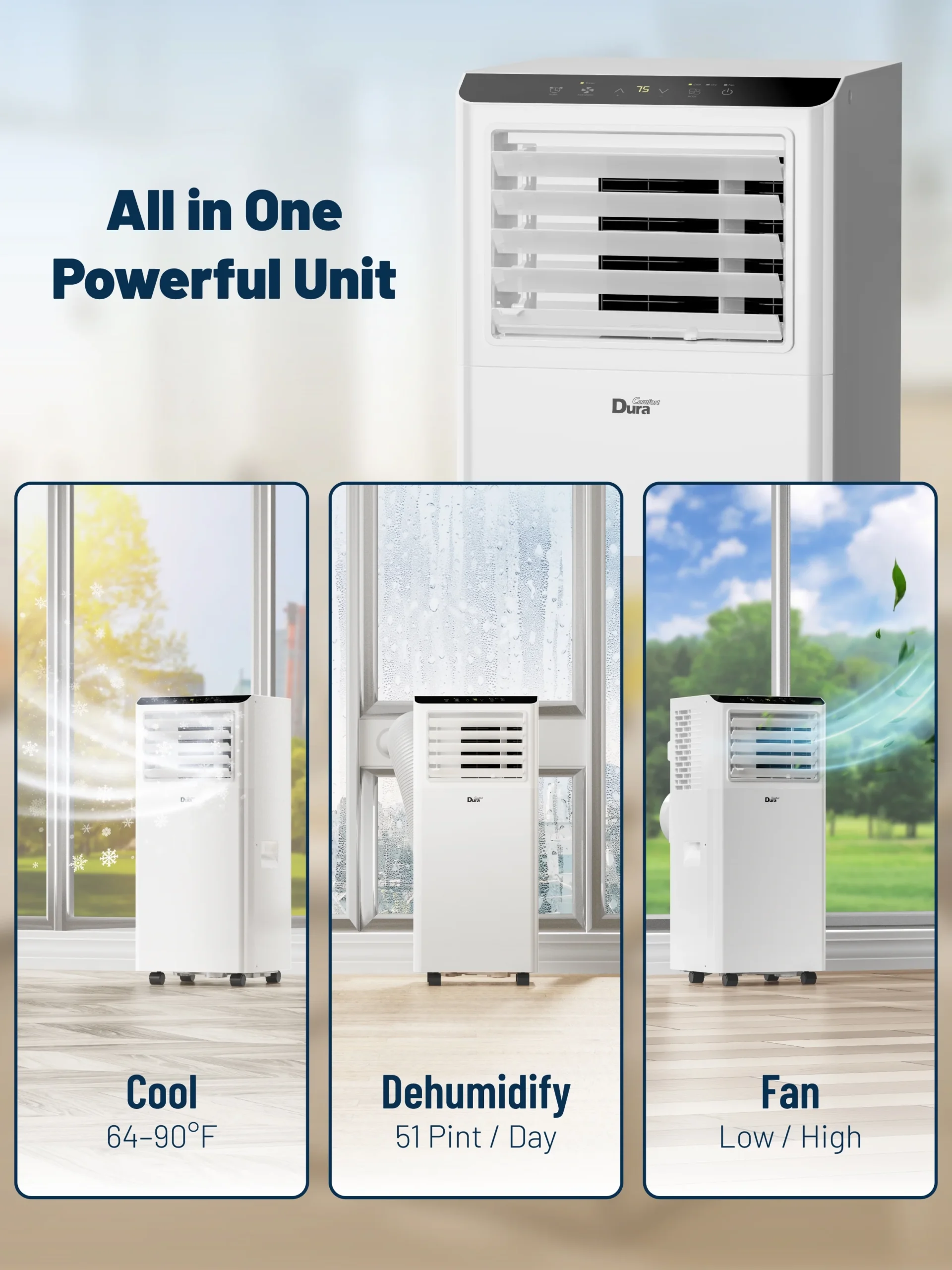 DuraComfort 8000 BTU Portable Air Conditioner, 3-in-1 AC Unit, Dehumidifier, Fan, Remote, Timer, for Room up to 230 Sq.Ft