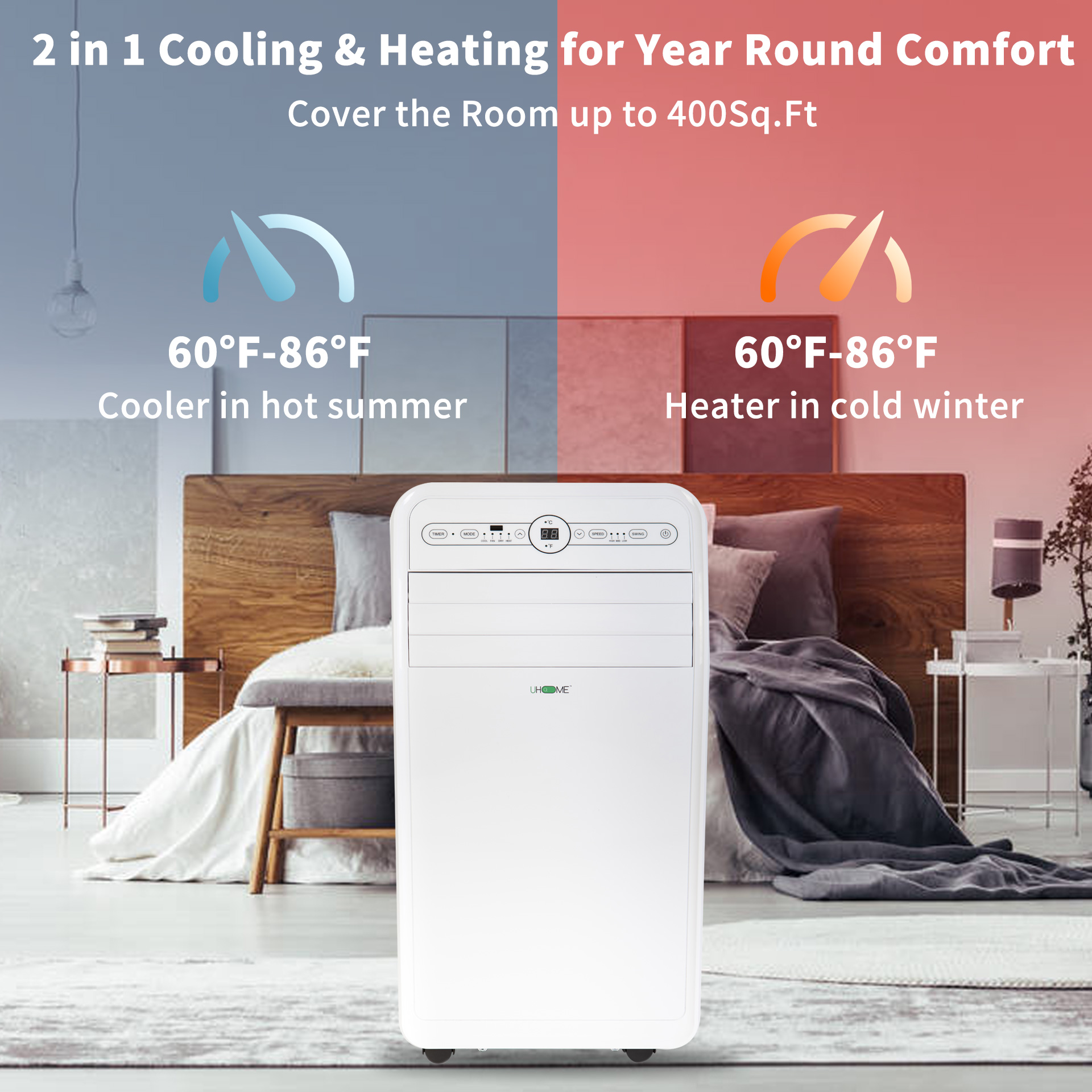 Uhome 12,000 BTU ASHRAE(7800BTU SACC) 400 Sq Ft Portable Air Conditioner/Heater, White
