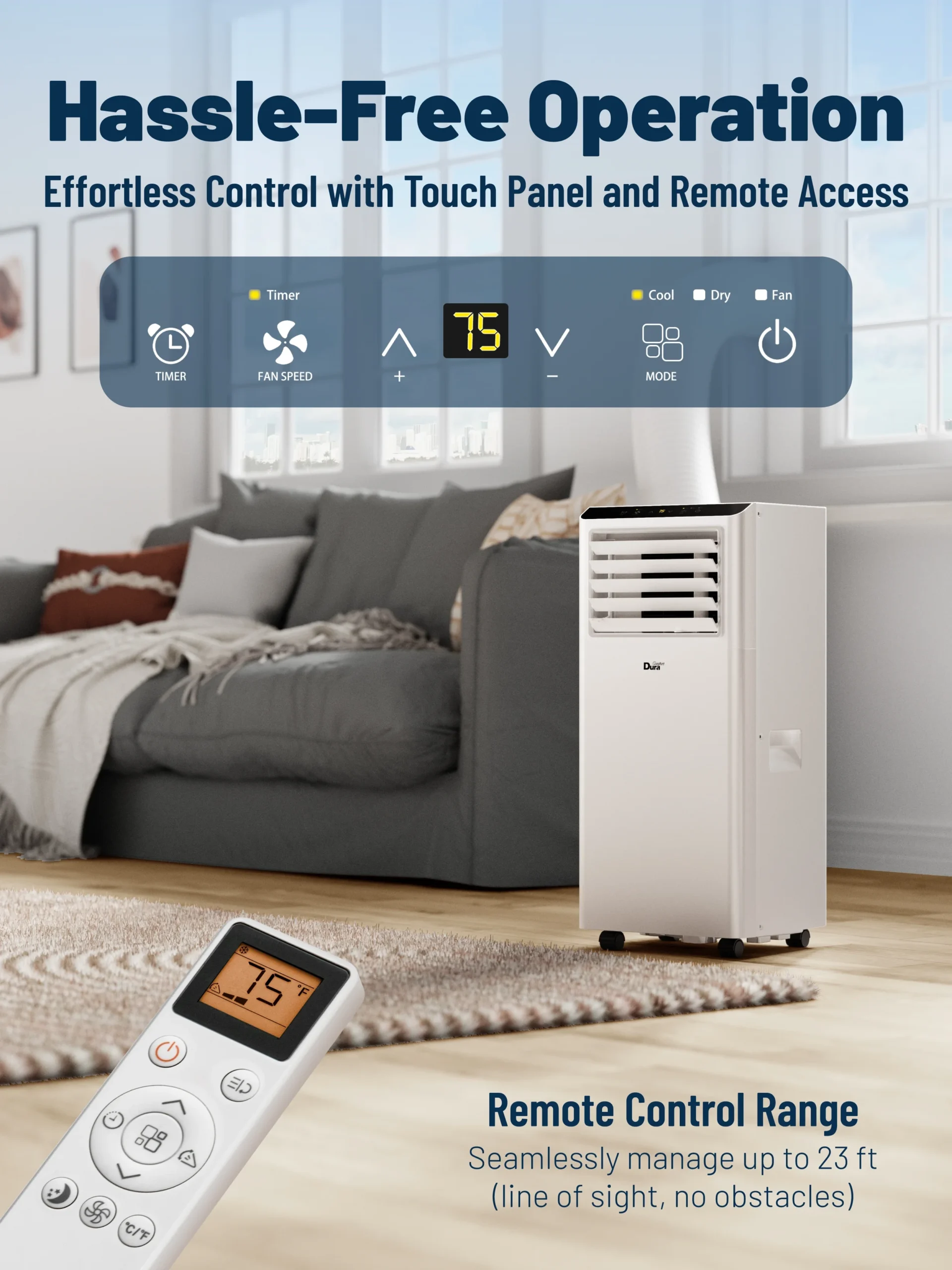 DuraComfort 8000 BTU Portable Air Conditioner, 3-in-1 AC Unit, Dehumidifier, Fan, Remote, Timer, for Room up to 230 Sq.Ft