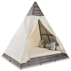 Harper & Bright Designs Outdoor Sunbed with Canopy, Tent Shape Wicker Patio Daybed, Brown and Beige