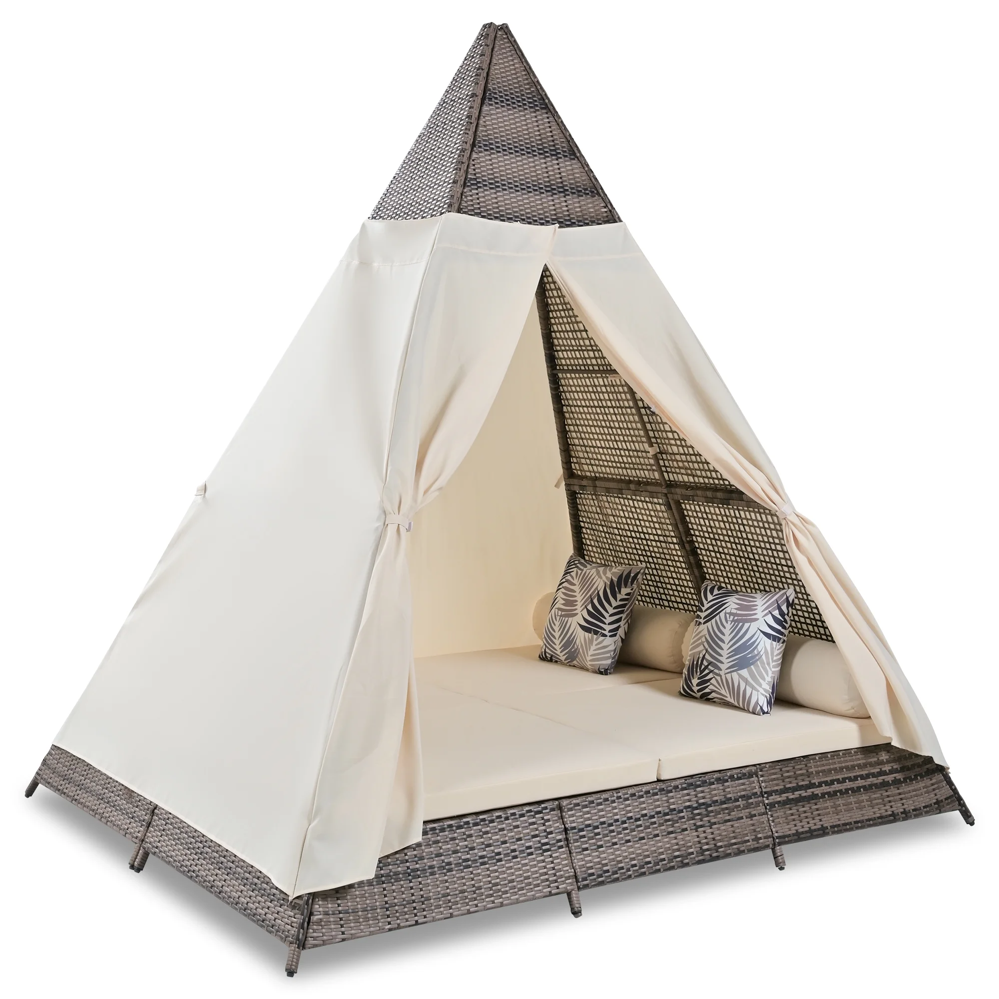 Harper & Bright Designs Outdoor Sunbed with Canopy, Tent Shape Wicker Patio Daybed, Brown and Beige