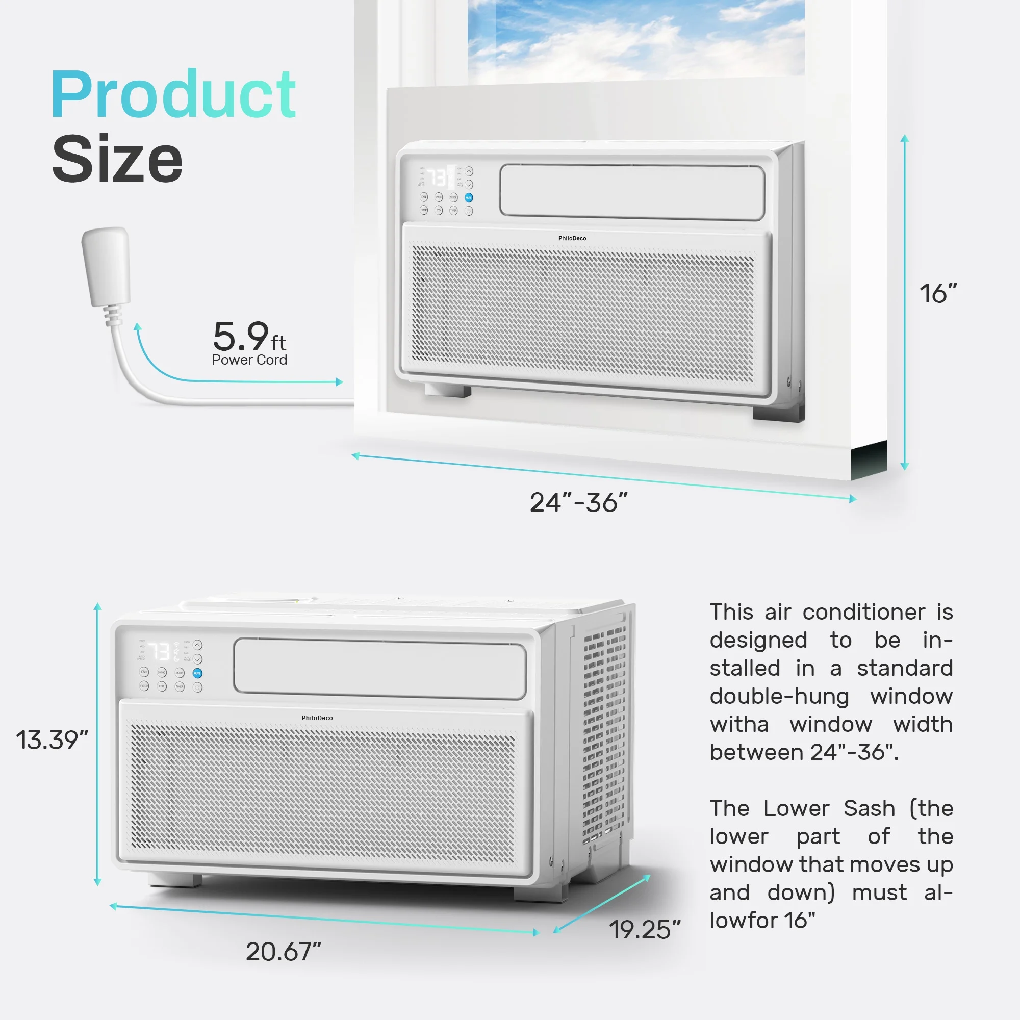 PhiloDeco Energy Star Window Air Conditioner, 10000 BTU Window Air Conditioner with Wifi 440 sq ft. Inverter Ac, Remote Control