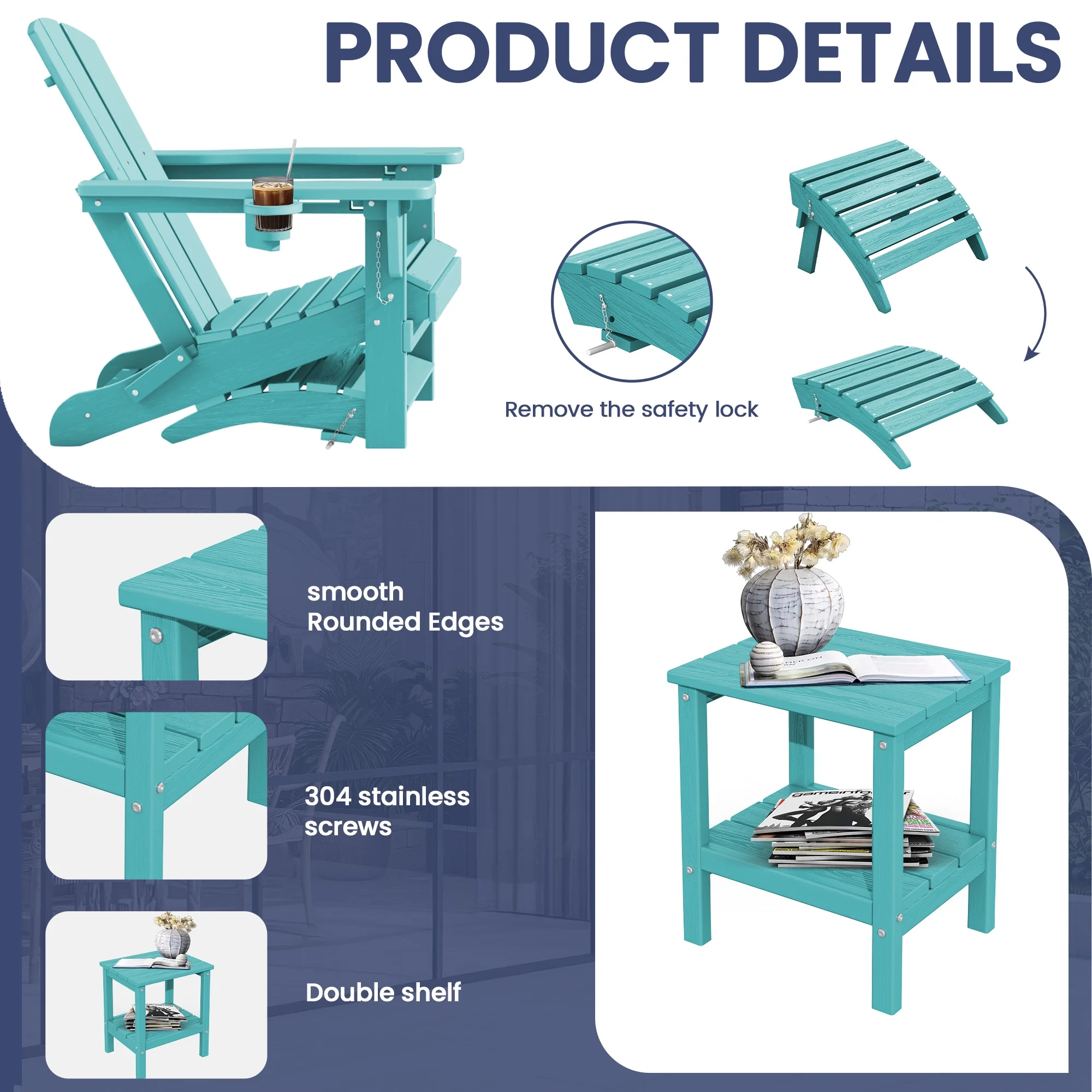 SERWALL 5PC Adjustable Folding Adirondack Chair and Ottoman and Double Side Table, HDPE Adirondack Chairs Set for Outdoor, Aruba
