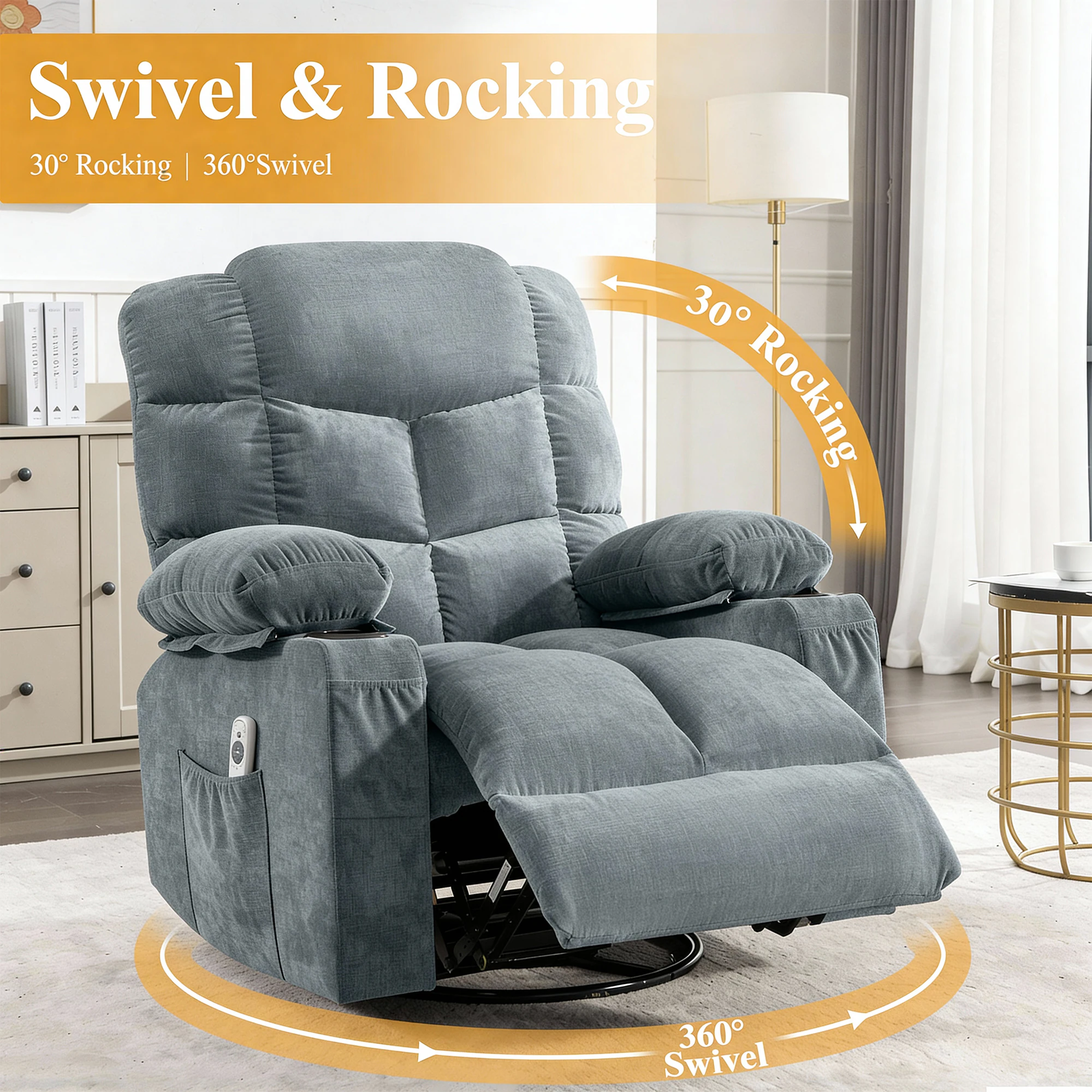 Mondawe 360 Degree Swing with Massage and Lumbar Heat Recliner Blue Linen Upholstered Swivel rocker 3-position - Image 10