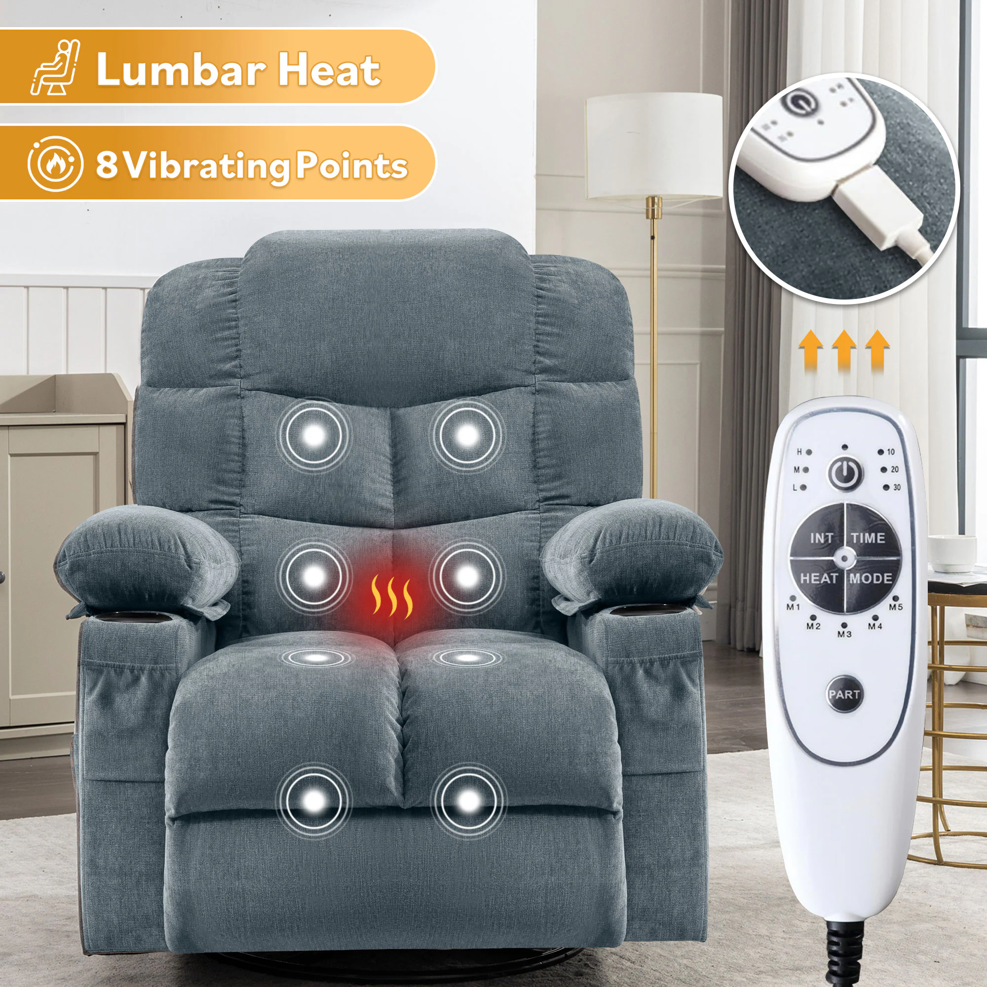 Mondawe 360 Degree Swing with Massage and Lumbar Heat Recliner Blue Linen Upholstered Swivel rocker 3-position - Image 11