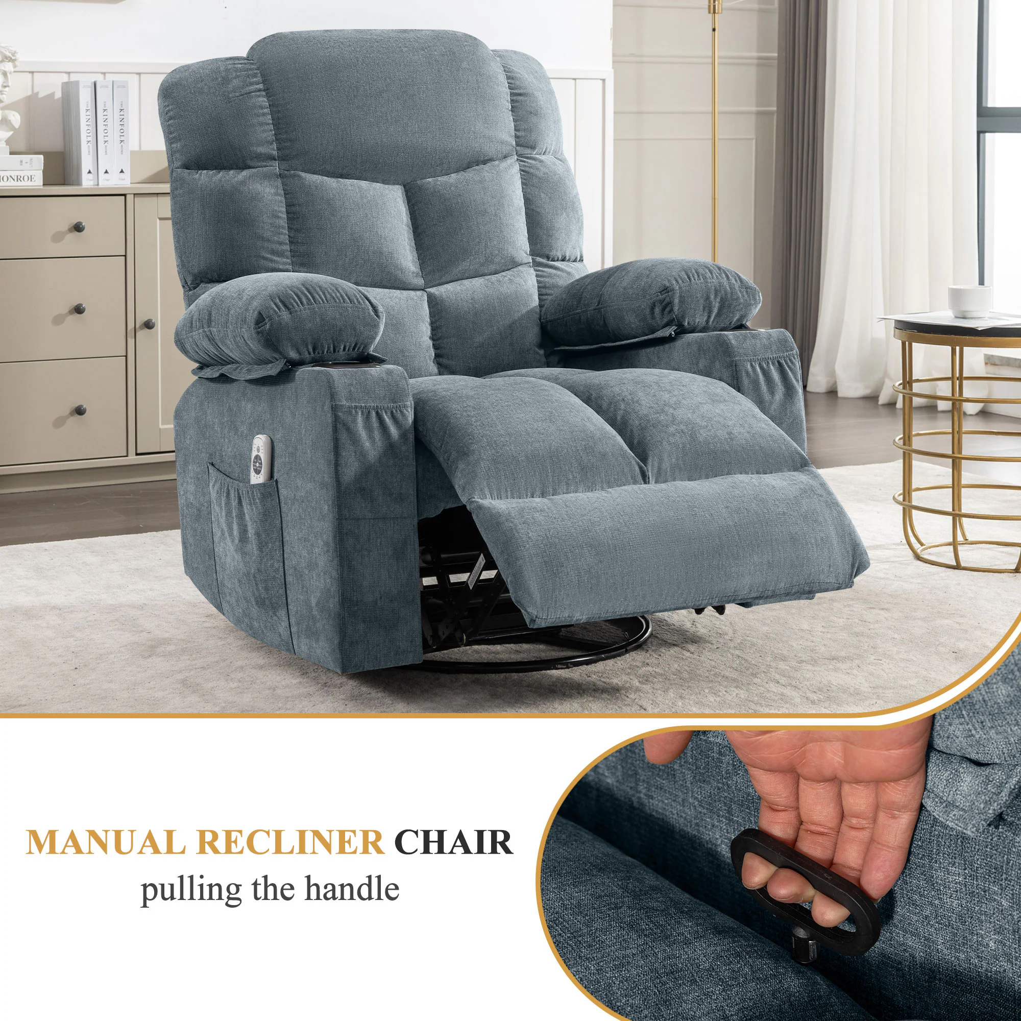 Mondawe 360 Degree Swing with Massage and Lumbar Heat Recliner Blue Linen Upholstered Swivel rocker 3-position - Image 9