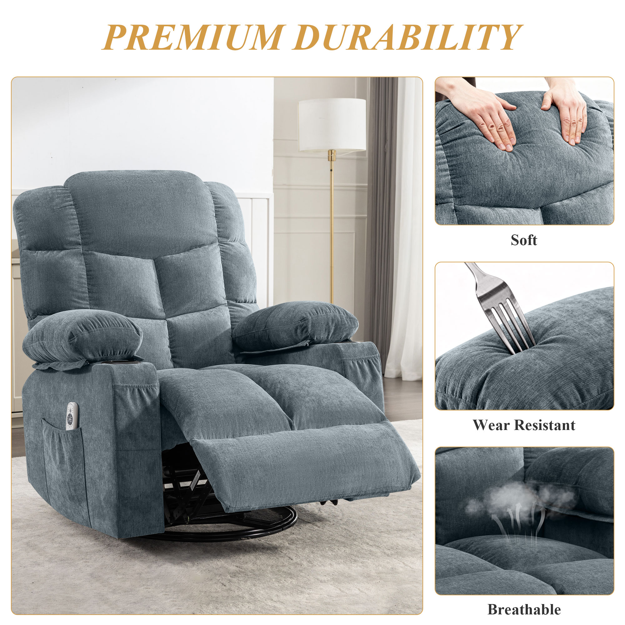 Mondawe 360 Degree Swing with Massage and Lumbar Heat Recliner Blue Linen Upholstered Swivel rocker 3-position - Image 7