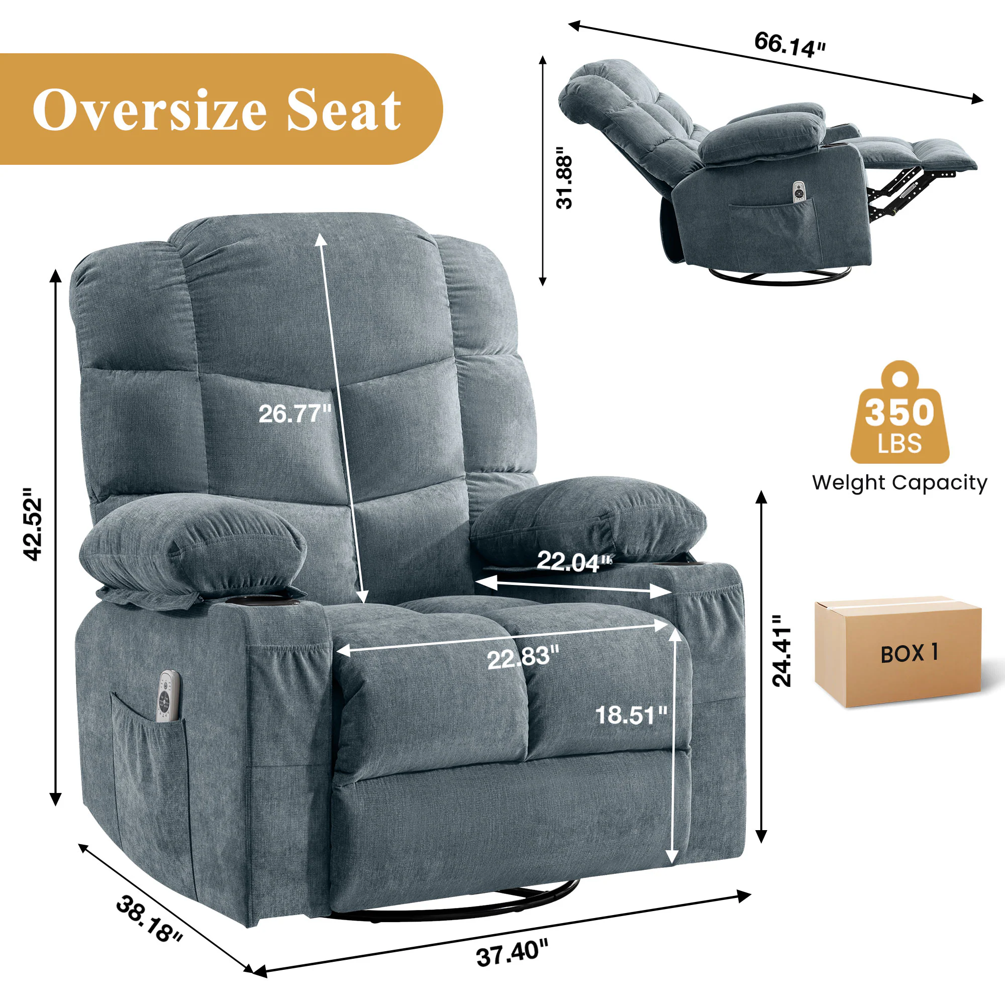 Mondawe 360 Degree Swing with Massage and Lumbar Heat Recliner Blue Linen Upholstered Swivel rocker 3-position - Image 6