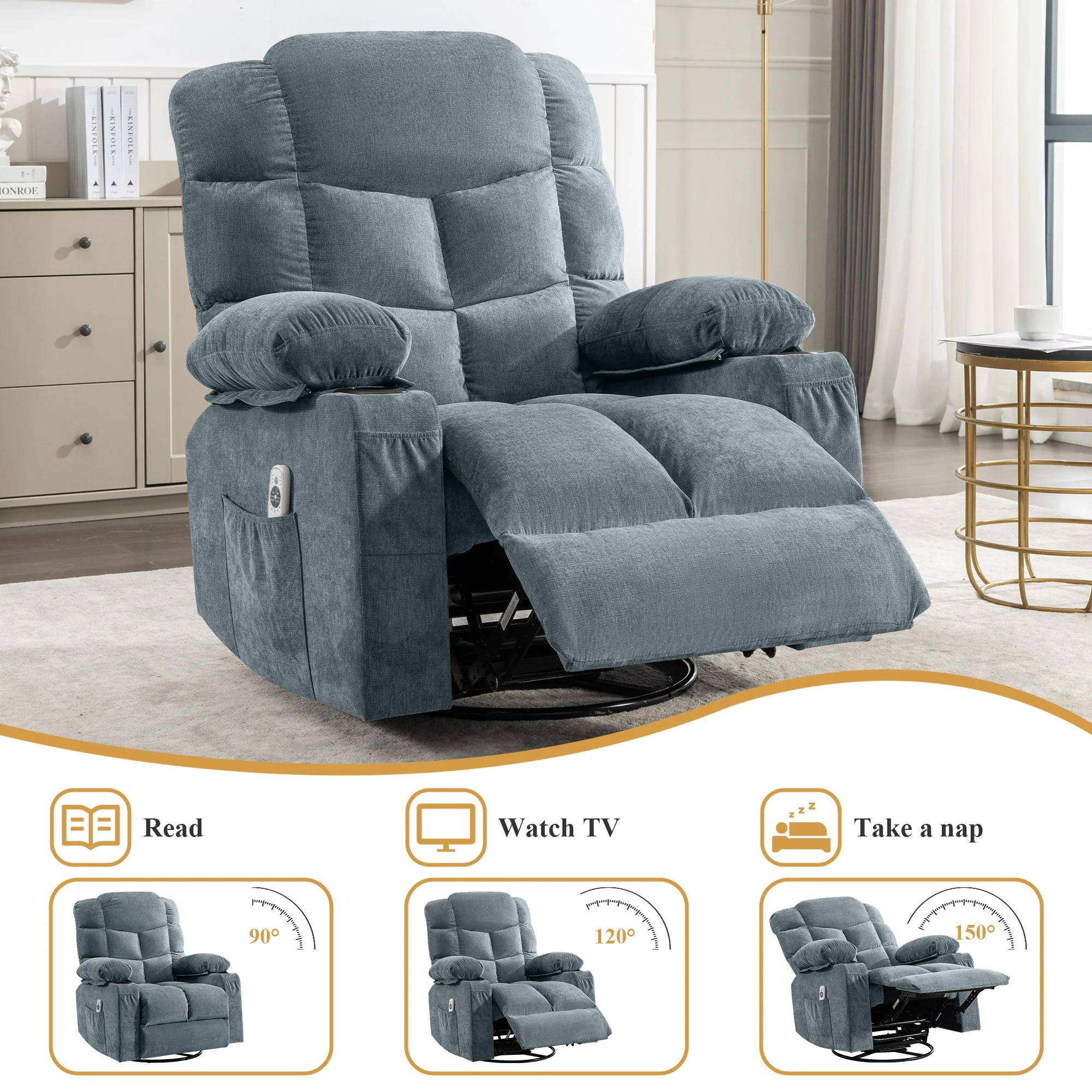 Mondawe 360 Degree Swing with Massage and Lumbar Heat Recliner Blue Linen Upholstered Swivel rocker 3-position - Image 8
