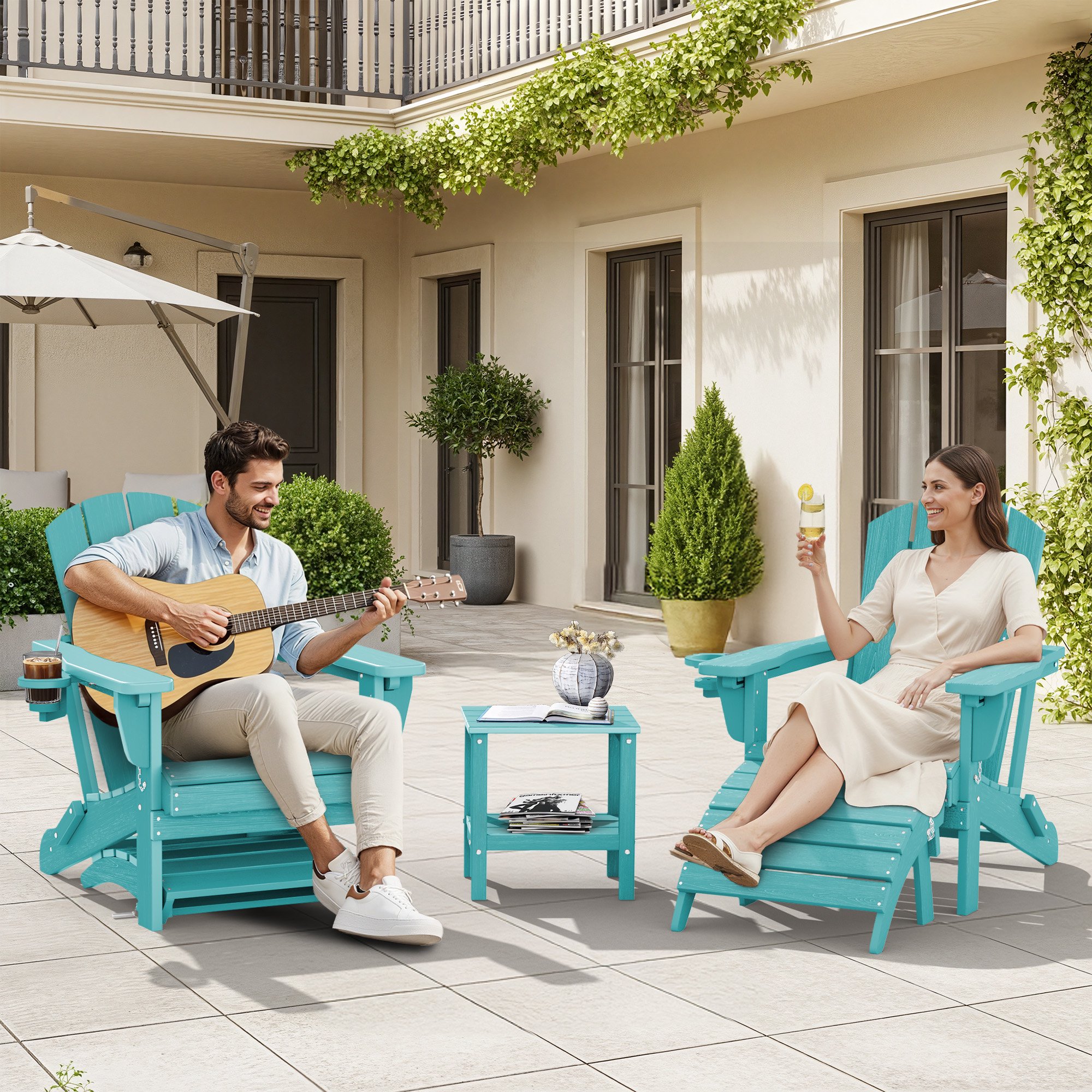SERWALL 5PC Adjustable Folding Adirondack Chair and Ottoman and Double Side Table, HDPE Adirondack Chairs Set for Outdoor, Aruba
