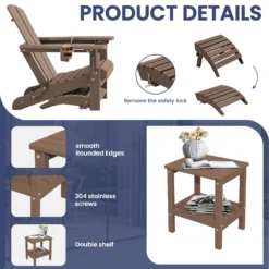 SERWALL 5PC Adjustable Folding Adirondack Chair and Ottoman and Double Side Table, HDPE Adirondack Chairs Set for Outdoor, Brown