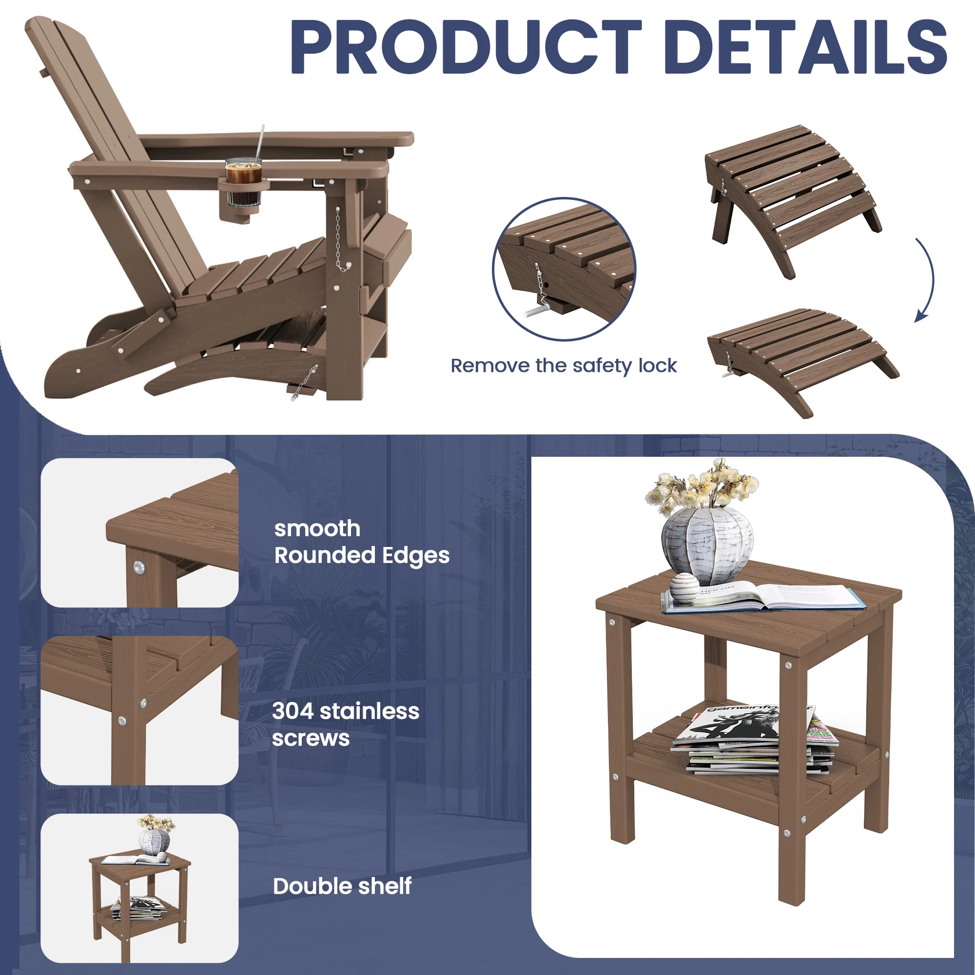 SERWALL 5PC Adjustable Folding Adirondack Chair and Ottoman and Double Side Table, HDPE Adirondack Chairs Set for Outdoor, Brown