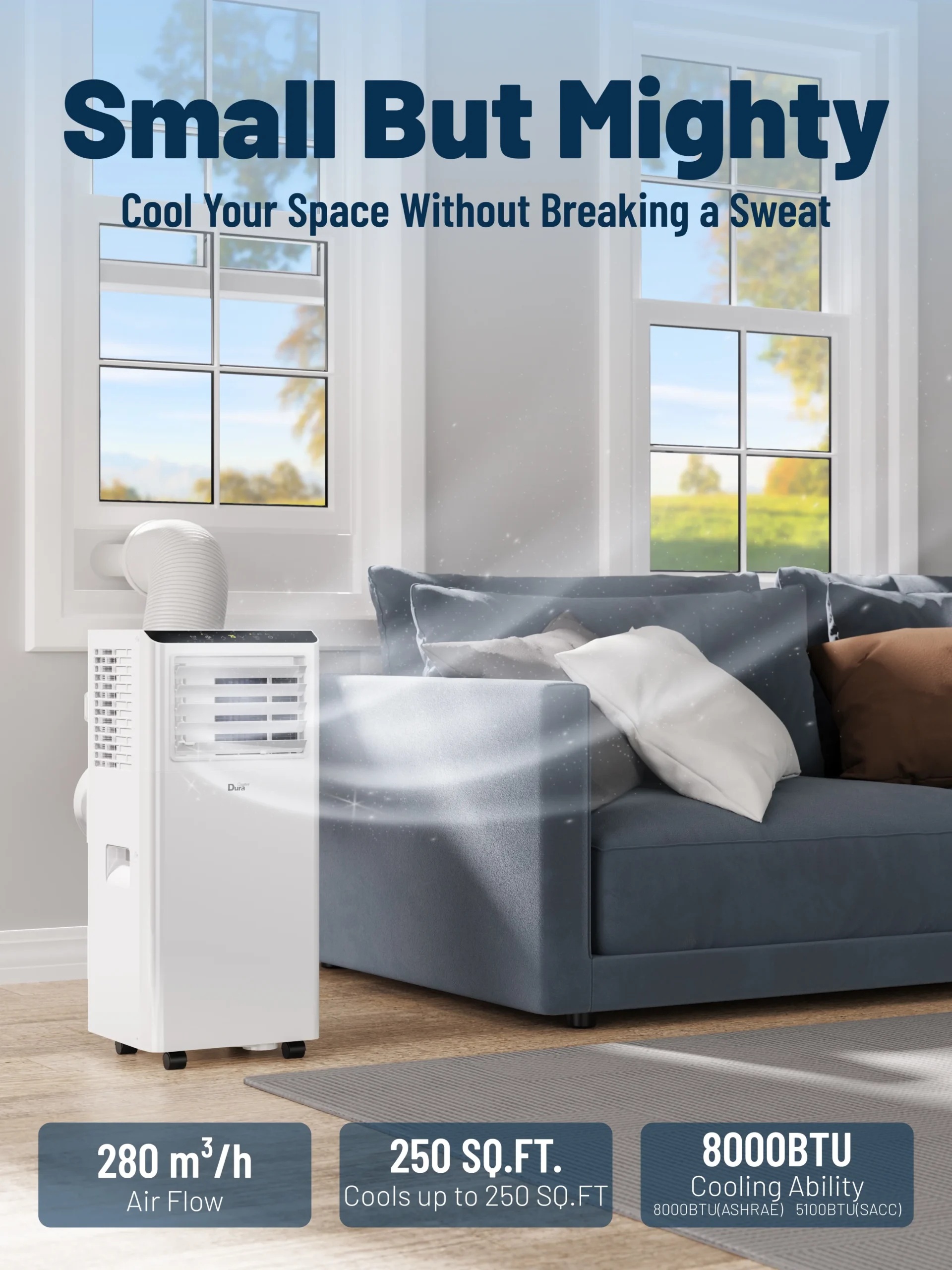 DuraComfort 8000 BTU Portable Air Conditioner, 3-in-1 AC Unit, Dehumidifier, Fan, Remote, Timer, for Room up to 230 Sq.Ft