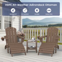SERWALL 5PC Adjustable Folding Adirondack Chair and Ottoman and Double Side Table, HDPE Adirondack Chairs Set for Outdoor, Brown