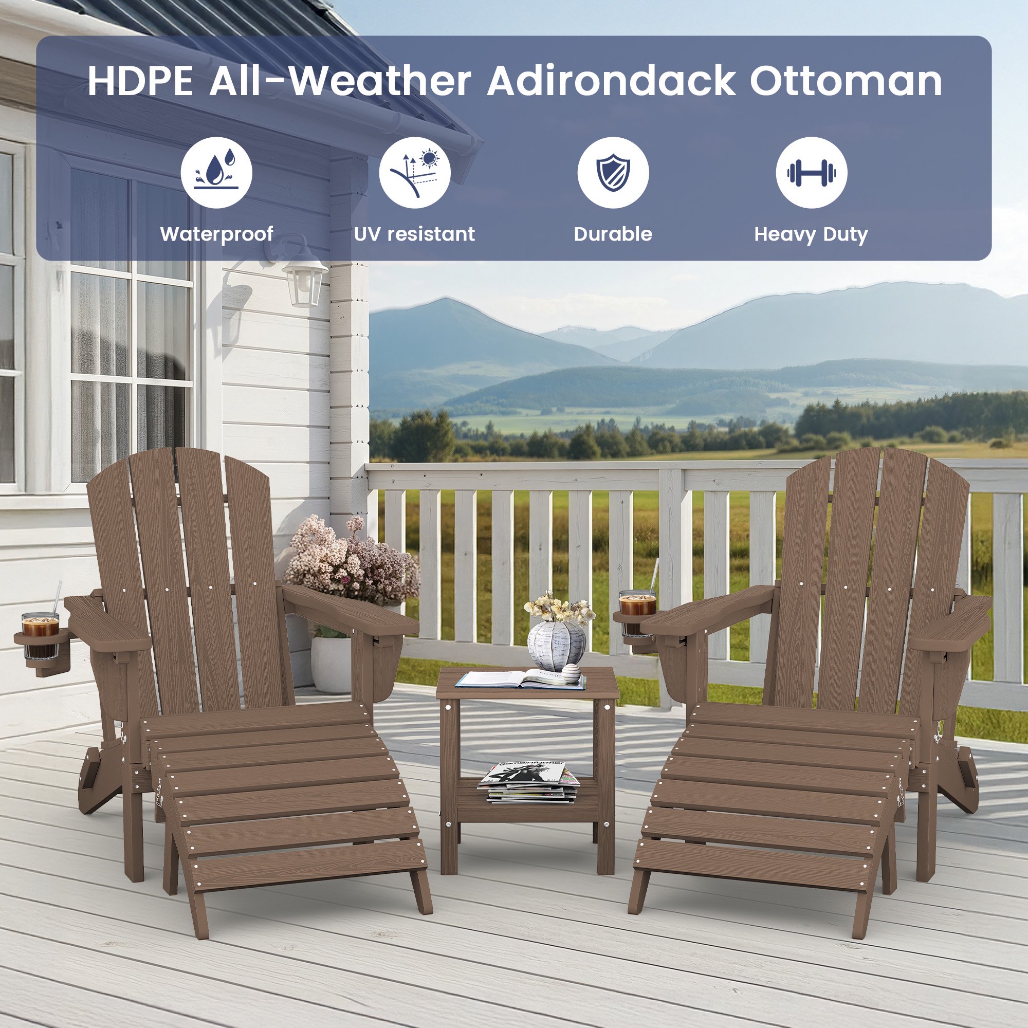 SERWALL 5PC Adjustable Folding Adirondack Chair and Ottoman and Double Side Table, HDPE Adirondack Chairs Set for Outdoor, Brown