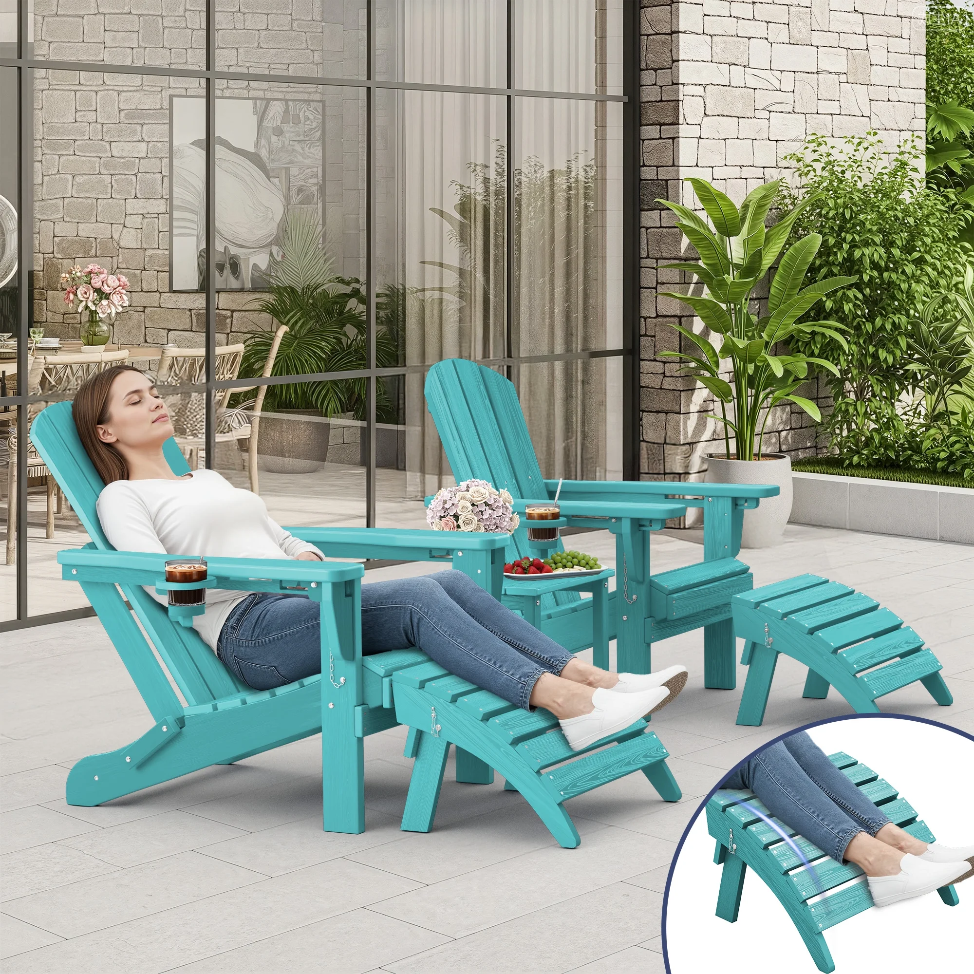 SERWALL 5PC Adjustable Folding Adirondack Chair and Ottoman and Double Side Table, HDPE Adirondack Chairs Set for Outdoor, Aruba