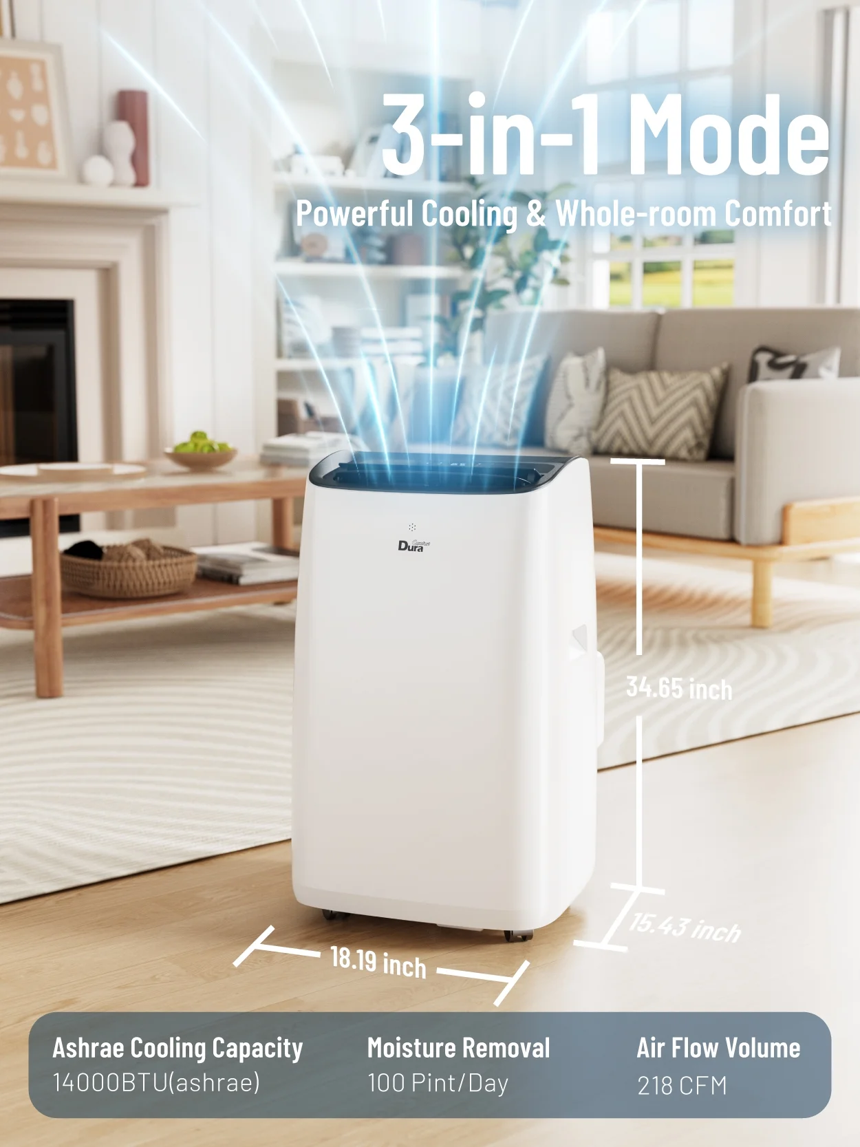 DuraComfort Portable Air Conditioners 14000 BTU, Dehumidifier, Cooling, Fan, Remote Control, 450 Sq. ft