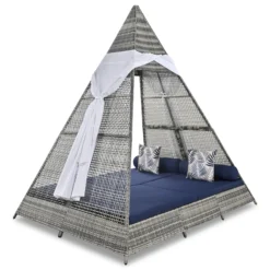Harper & Bright Designs Outdoor Sunbed with Canopy, Tent Shape Wicker Patio Daybed, Gray and Blue