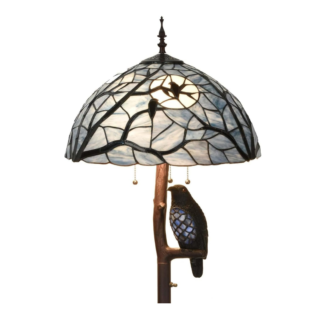 Bieye L10882 Ravens Sitting on Bare Tree Branch Against Full Moon Tiffany Style Stained Glass Floor Lamp, 4-Light, 65 inches Tall (Dark Blue)