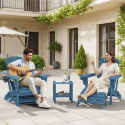 SERWALL 5PC Adjustable Folding Adirondack Chair and Ottoman and Double Side Table, HDPE Adirondack Chairs Set for Outdoor, Blue