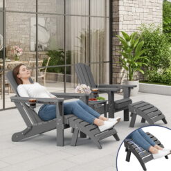 SERWALL 5PC Adjustable Folding Adirondack Chair and Ottoman and Double Side Table, HDPE Adirondack Chairs Set for Outdoor, Gray