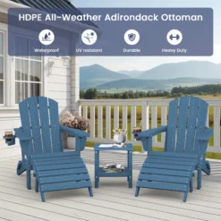 SERWALL 5PC Adjustable Folding Adirondack Chair and Ottoman and Double Side Table, HDPE Adirondack Chairs Set for Outdoor, Blue