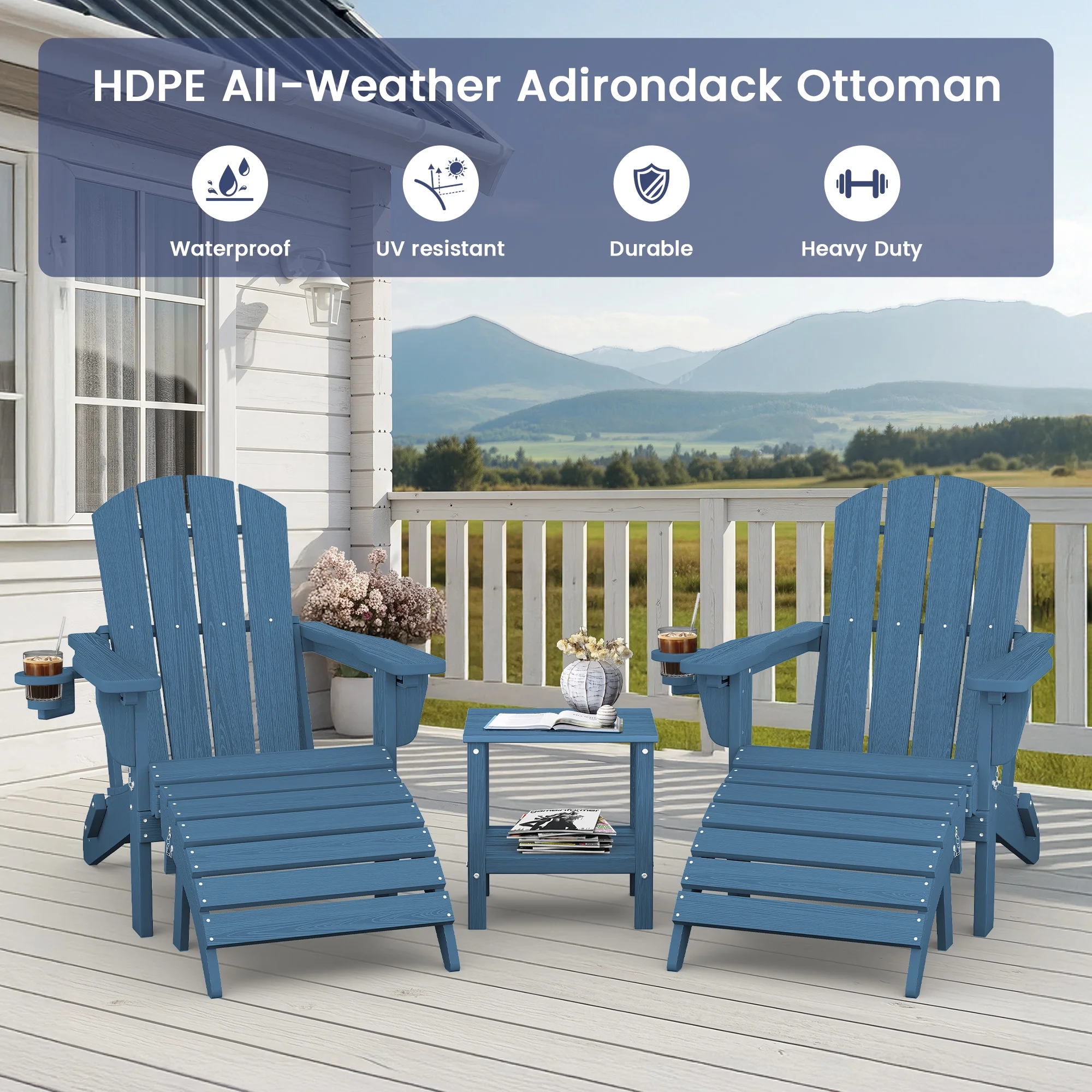SERWALL 5PC Adjustable Folding Adirondack Chair and Ottoman and Double Side Table, HDPE Adirondack Chairs Set for Outdoor, Blue